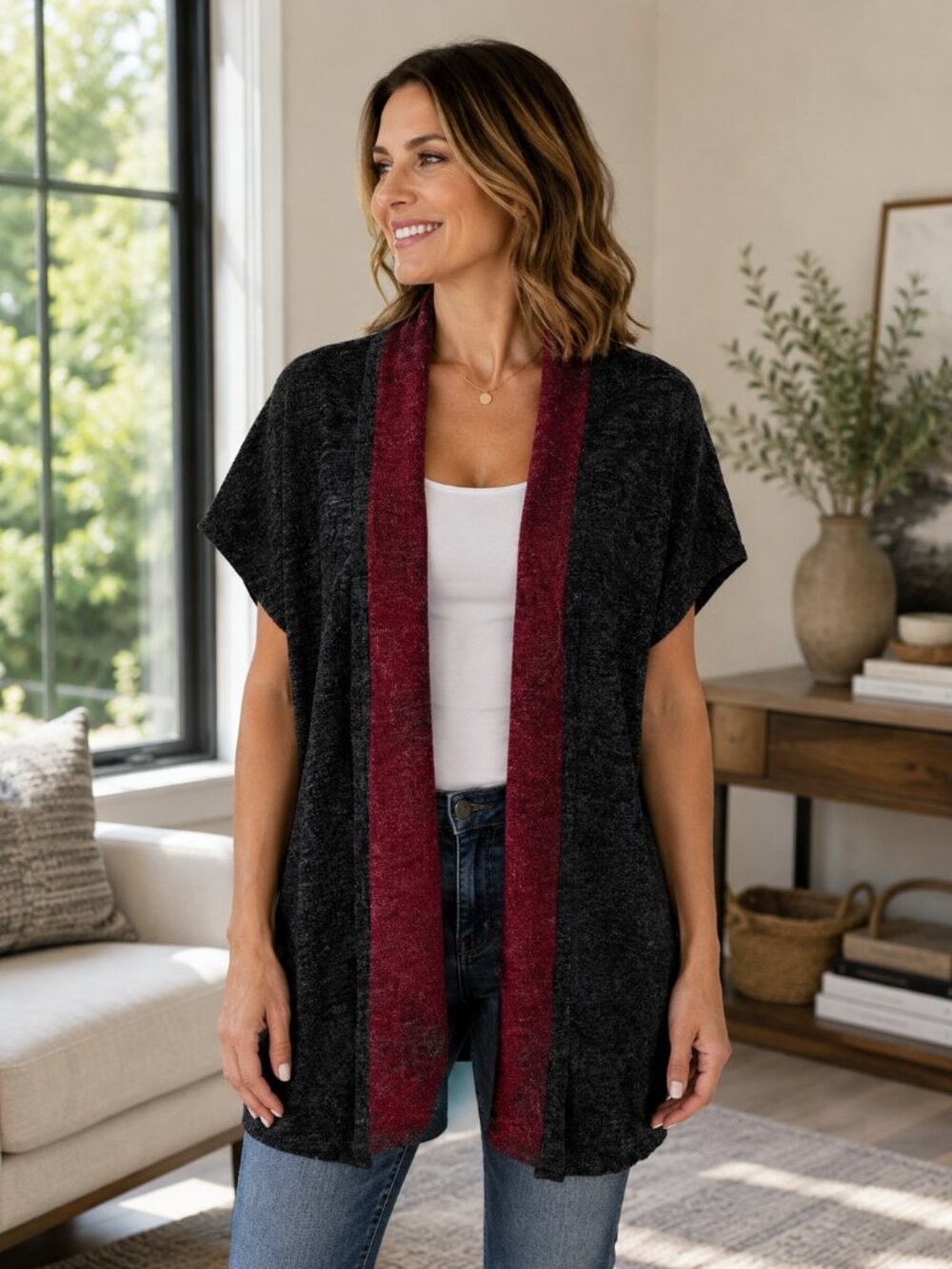 NWT Nally & Millie Reversible Vest Burgundy/Grey Short Sleeve Sweater Women's Sm